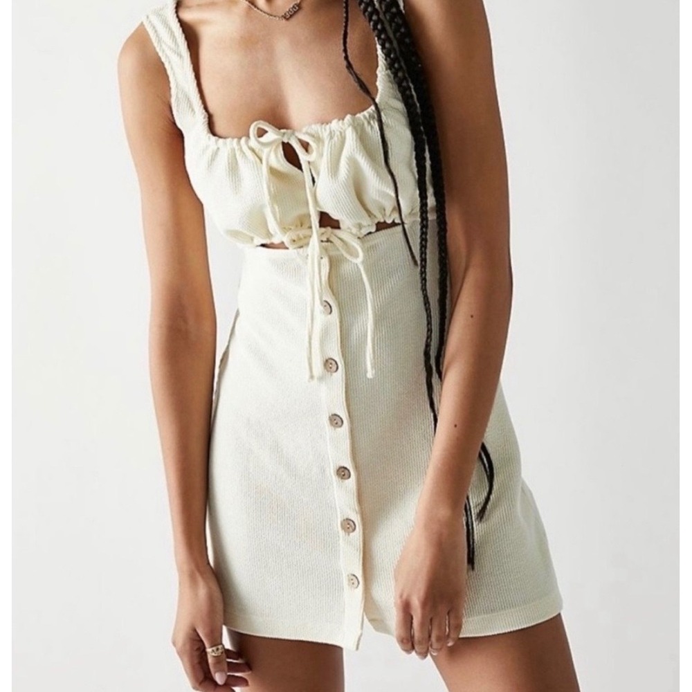 Free People Beach Olivia Cream Ribbed Tie Front‎ Cut Out Mini Dress Large